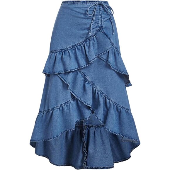 Dresses & Skirts - Women's Plus Size Ruffle Denim Skirt Midi Asymmetrical Layered Y2K